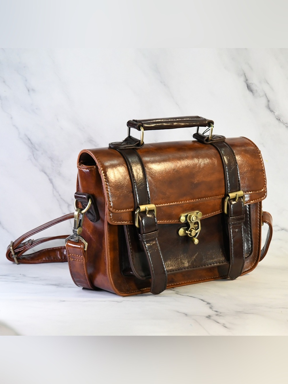 Two-Tone Brown Leather Briefcase Brass Hardware - Picture 3 of 6